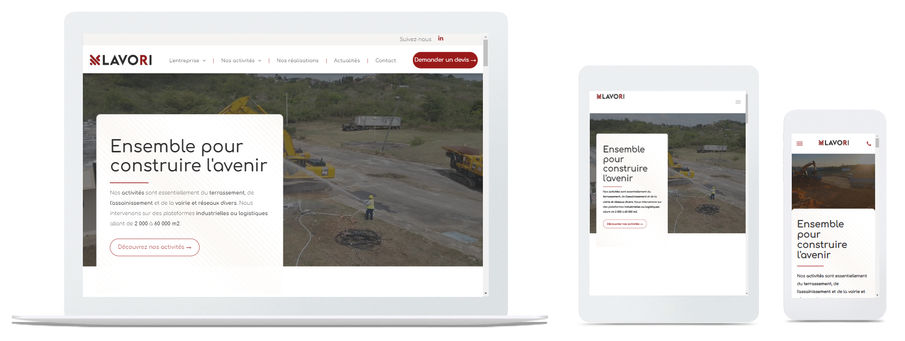 Un ordinateur portable, une tablette et un téléphone portable affichant un site Web.