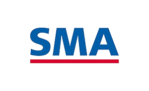 Un logo bleu et rouge pour sma sur fond blanc.