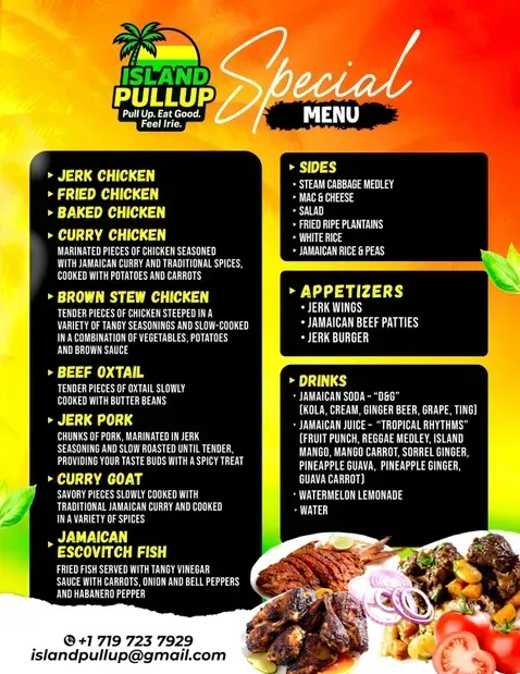 Island Pullup restaurant menu with jerk chicken, sides, appetizers, and drinks.