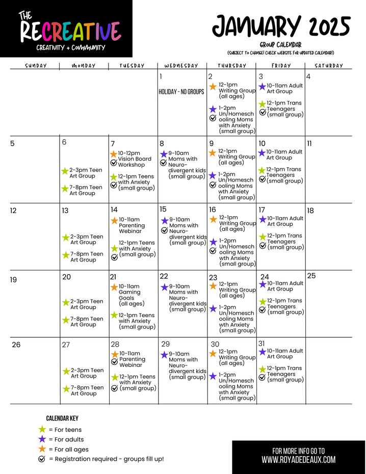 January 2025 Recreative Group Calendare