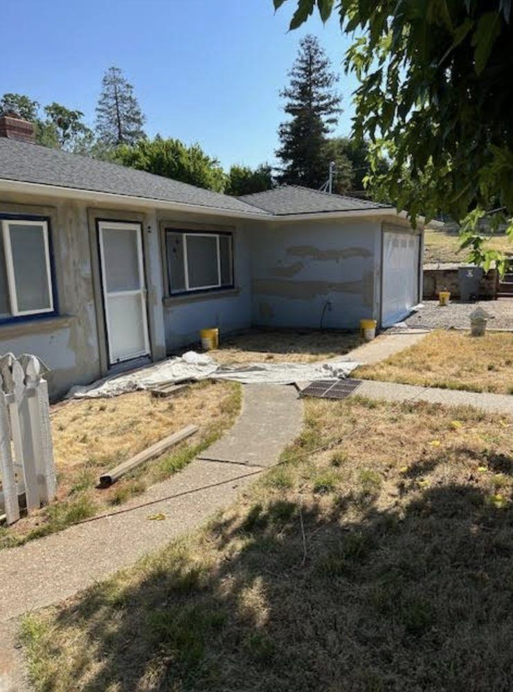 Front yard of a house with a cracked walkway, dry grass, and a garage door mural.