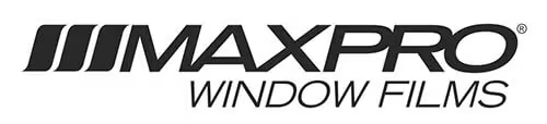 Black logo for MAXPRO Window Films featuring a stylized icon followed by bold, italicized text.