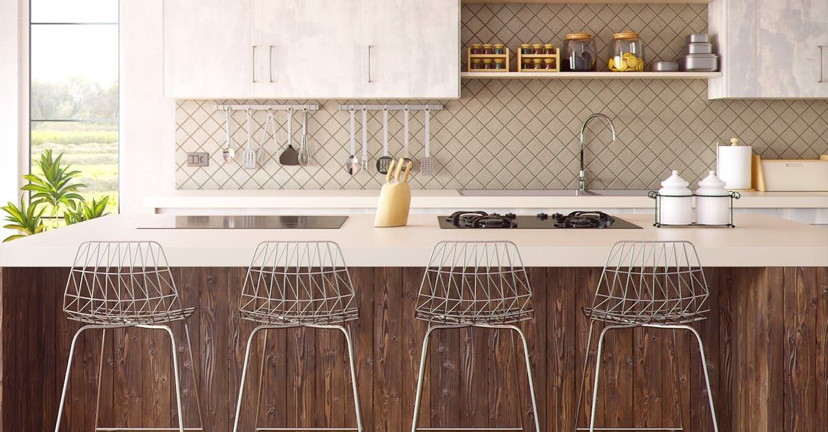 A kitchen with wooden cabinets and stools and a stove top oven.