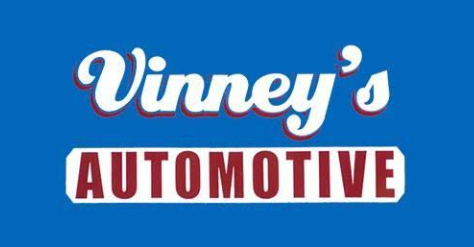 Vinney's Automotive logo with white text, red outline, and red 