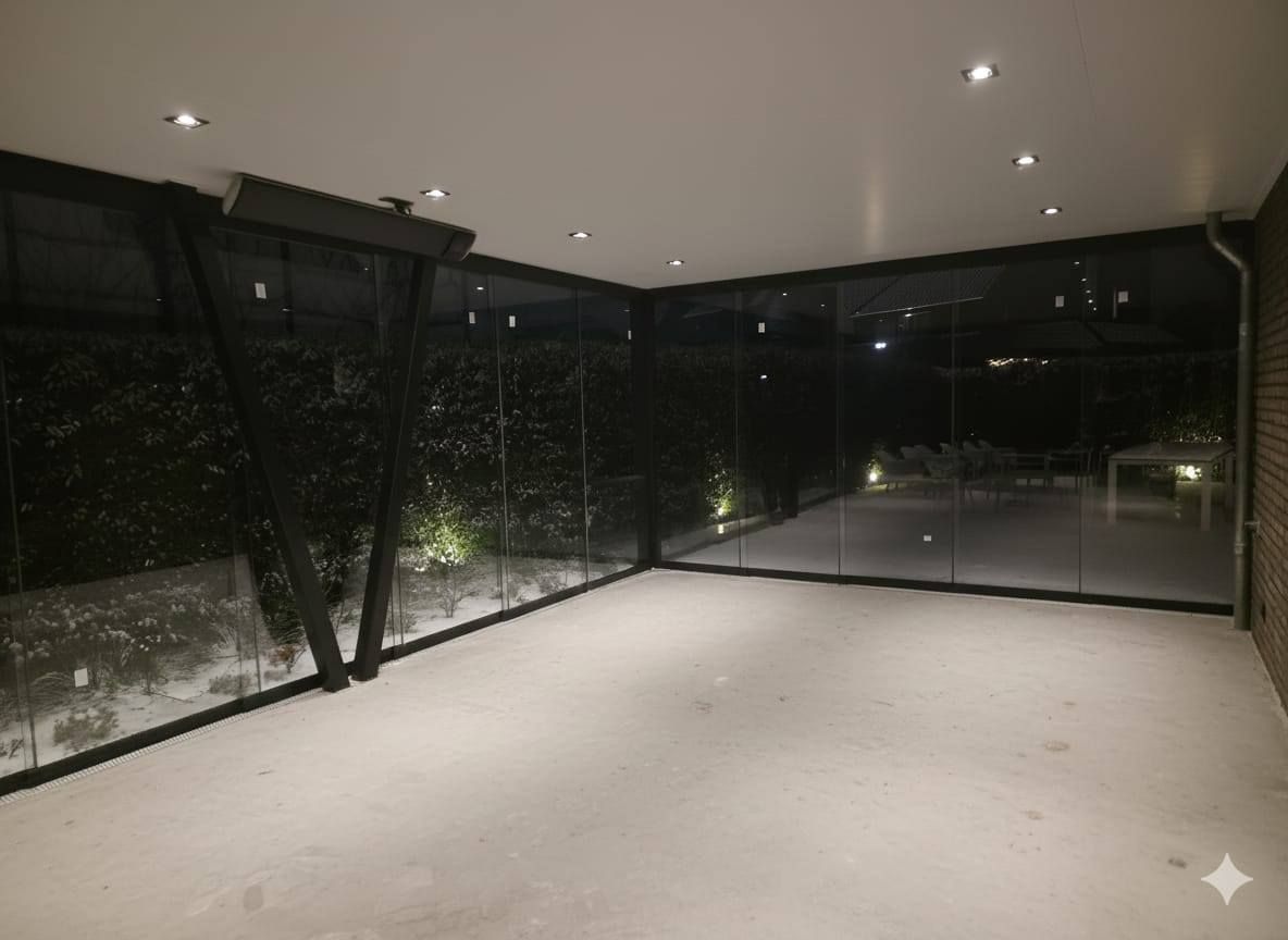 Winterproof veranda met glazen schuifwanden en funderingsbalken