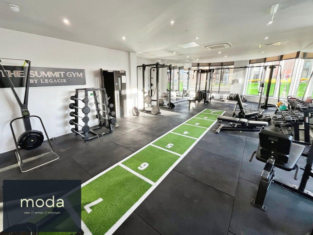 Gym interior with workout equipment, turf lane, and logo for 