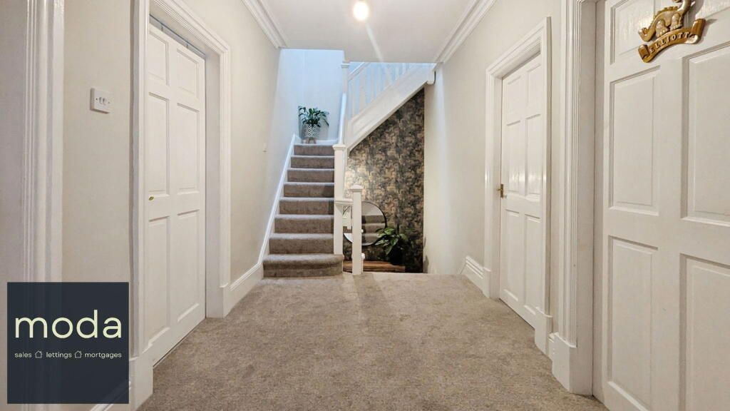 Hallway with two white doors, stairs, and gray carpet.