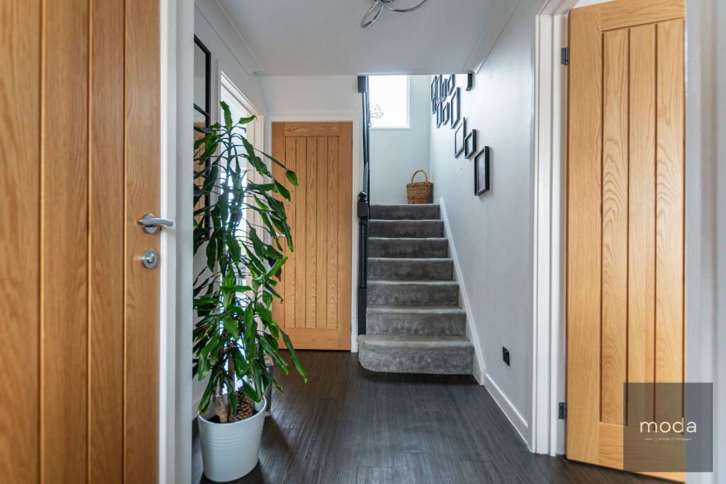 Hallway with wooden doors, staircase, and a large potted plant.