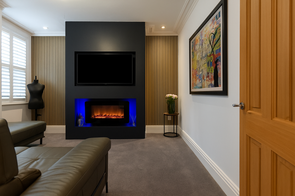Living room with black fireplace, TV, and wooden paneling. Leather couch, artwork, and window shutters.