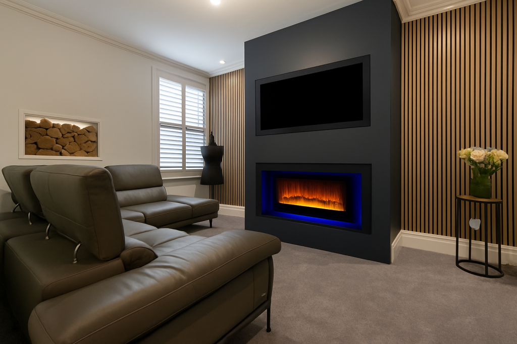 Living room with a dark gray wall housing a fireplace and TV, tan panel wall. Leather couch.