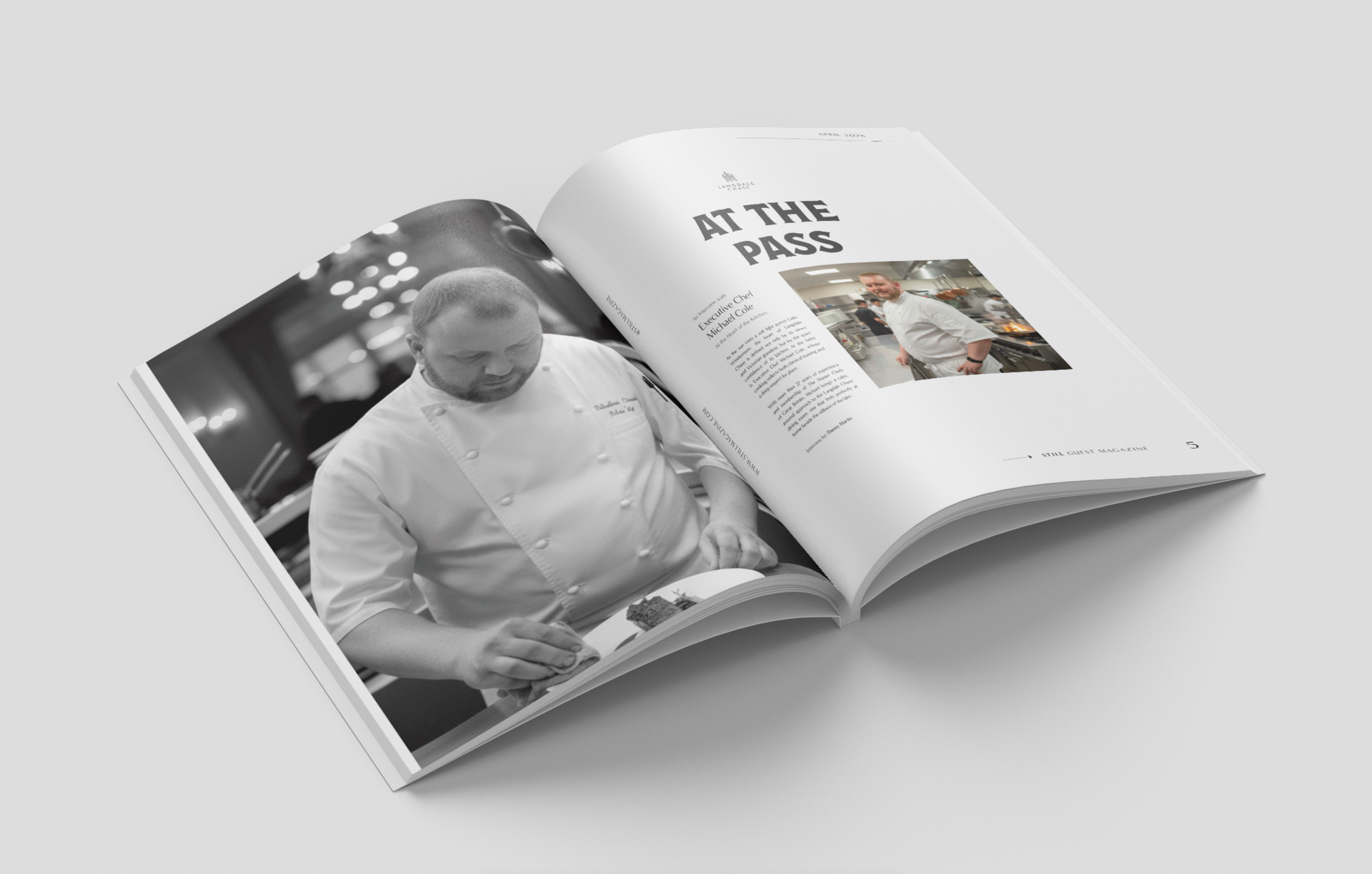 Open magazine with a black-and-white portrait on the left and a colorful page on the right