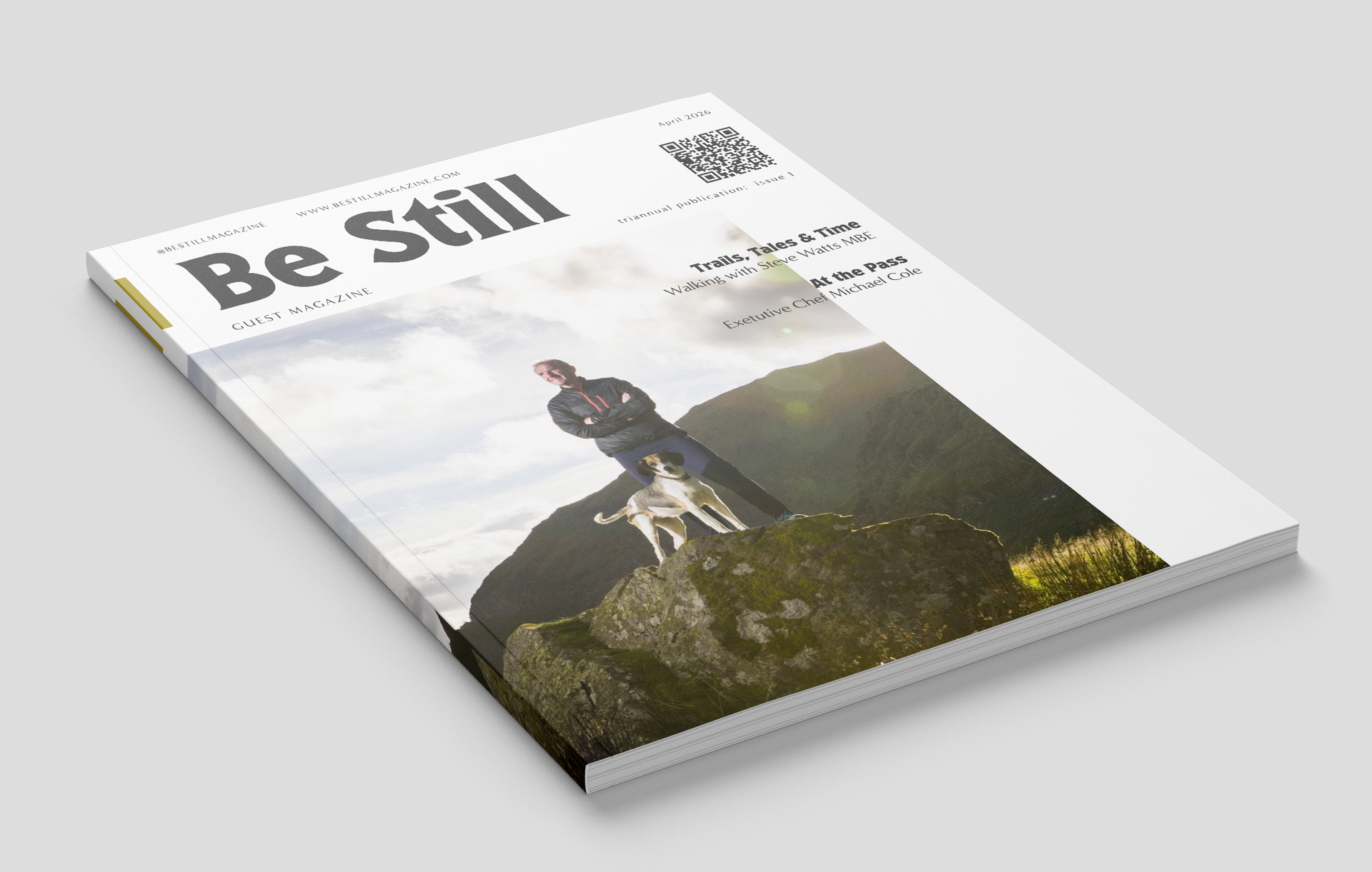 Be Still magazine cover showing a hiker standing on a rocky cliff with mountains in the background