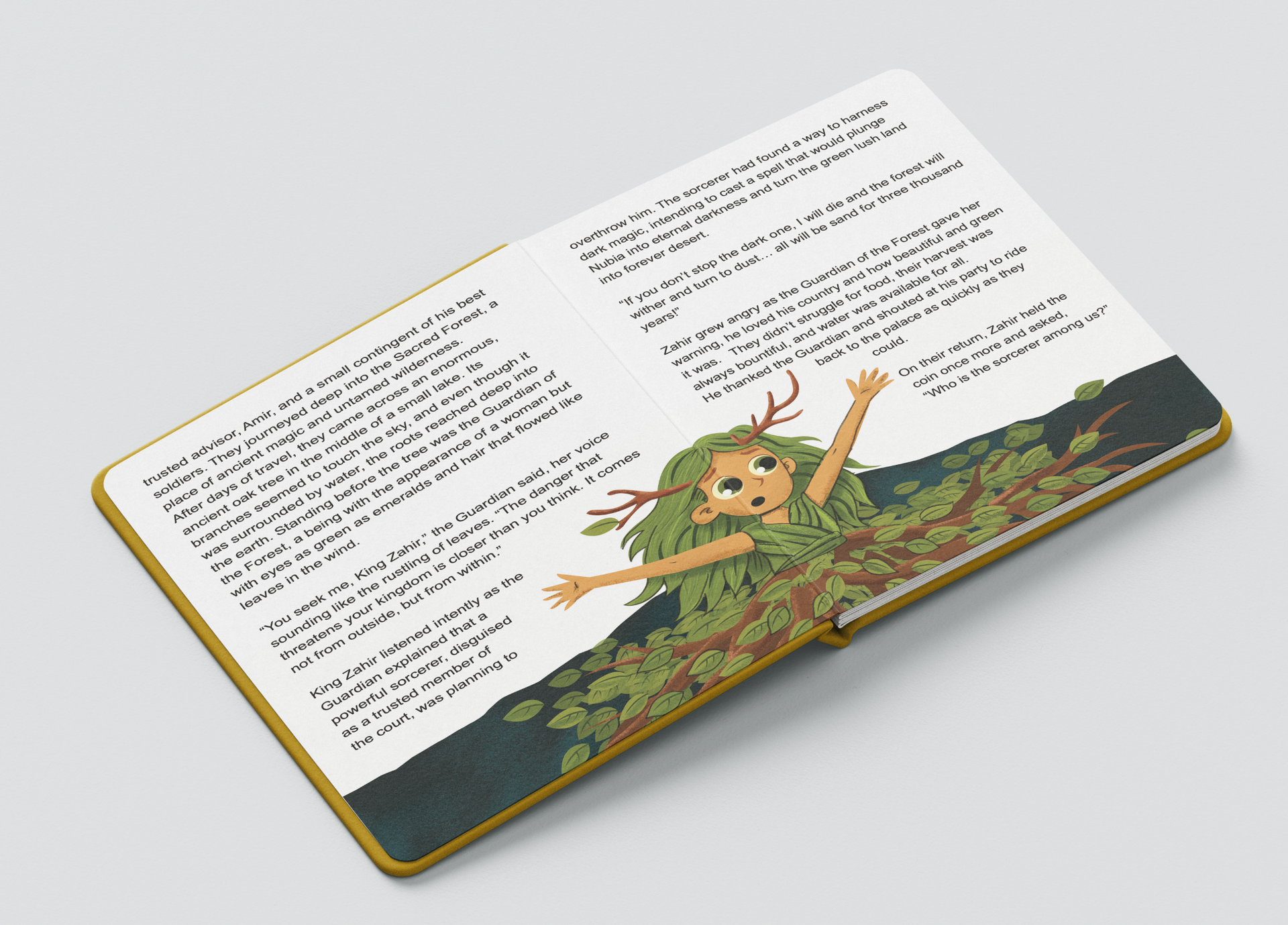 Open book with printed text and a colorful illustration of a person in a green field
