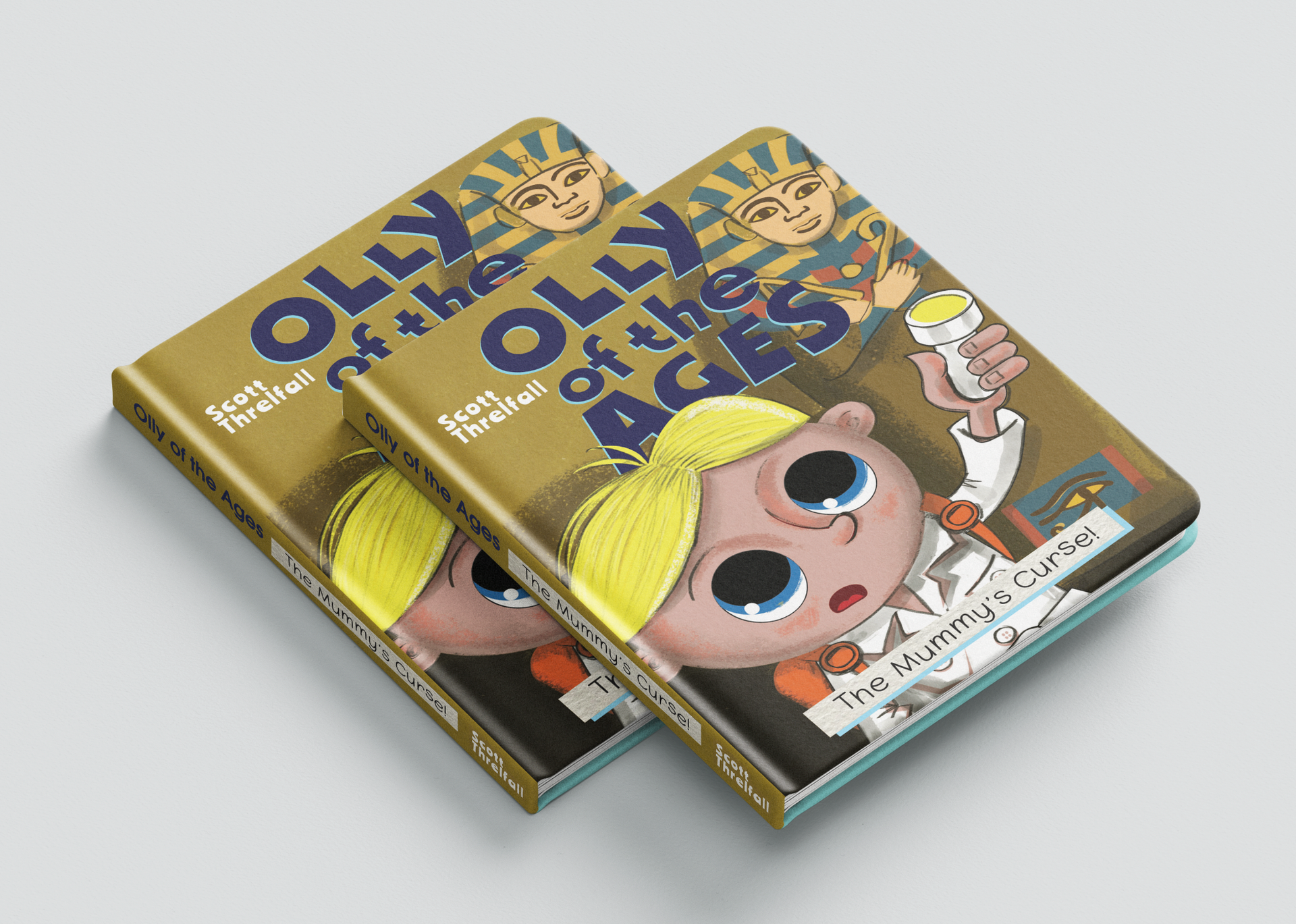 Two OLLY supplement boxes with cartoon child faces, gold and blue packaging, stacked on a light background