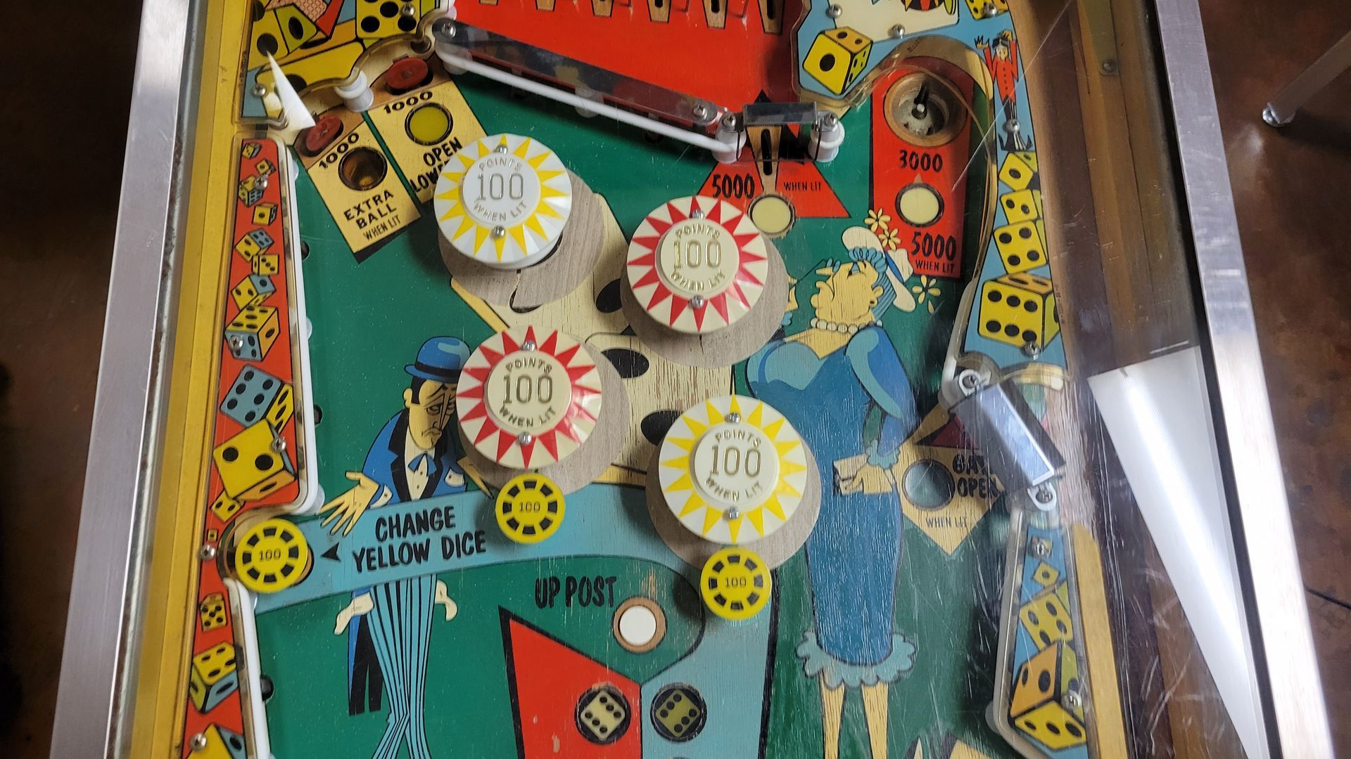 A close up of a pinball machine with coins on it