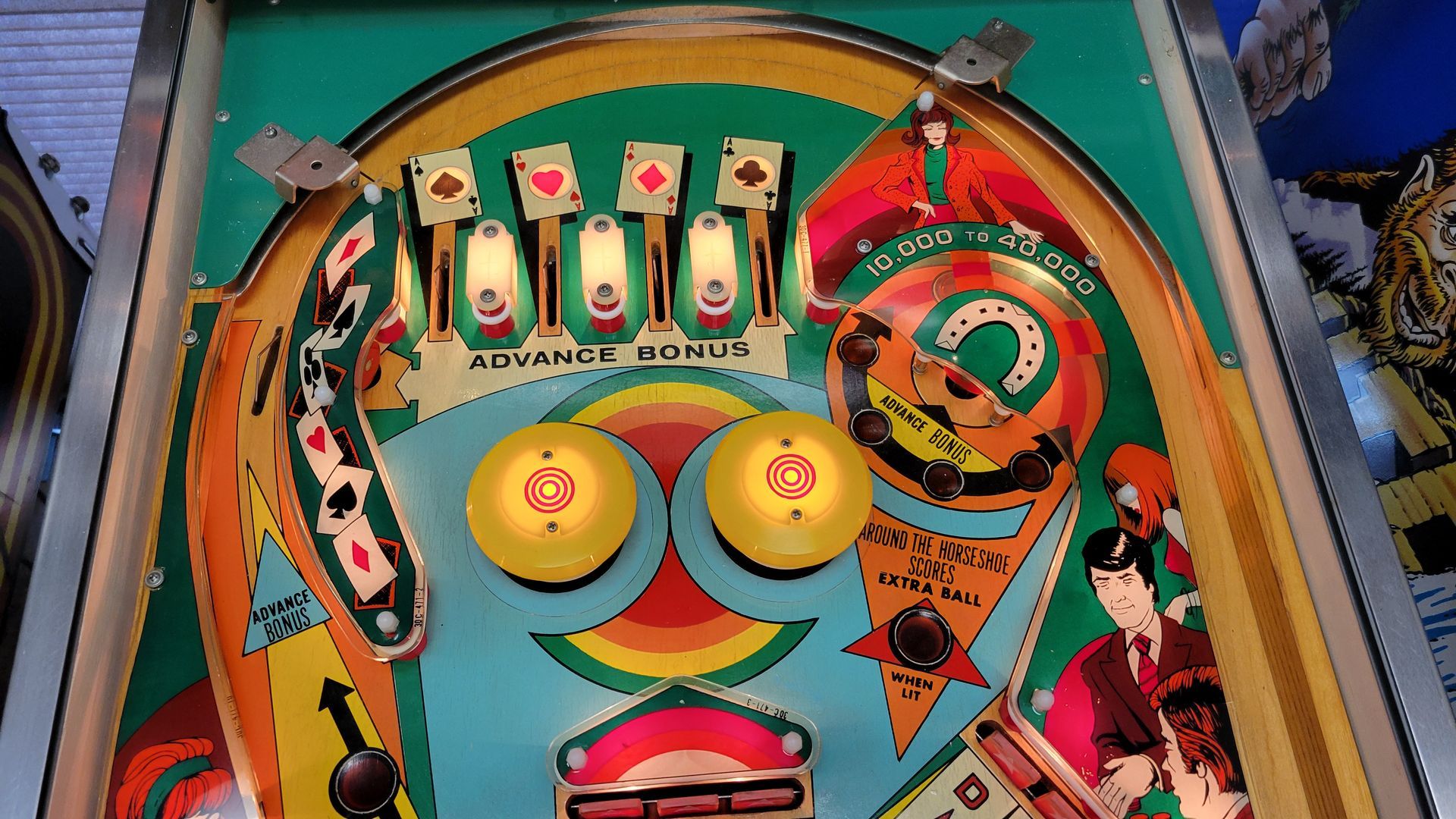 A close up of a pinball machine with a face on it