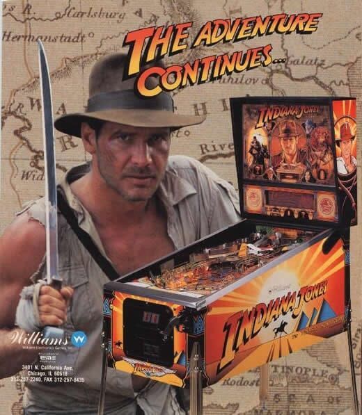 An advertisement for indiana jones pinball machine