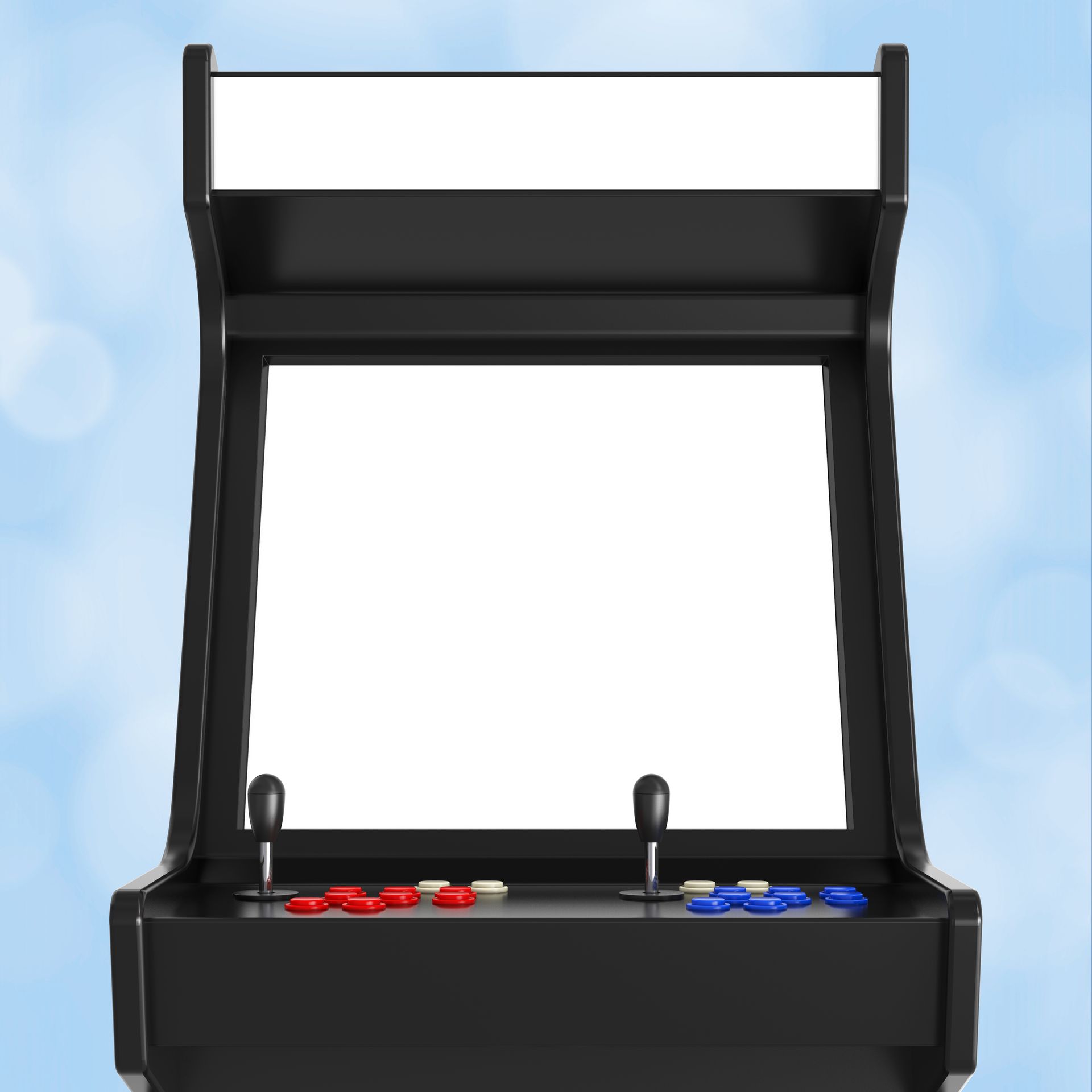 A black arcade cabinet with dual joysticks and colorful buttons