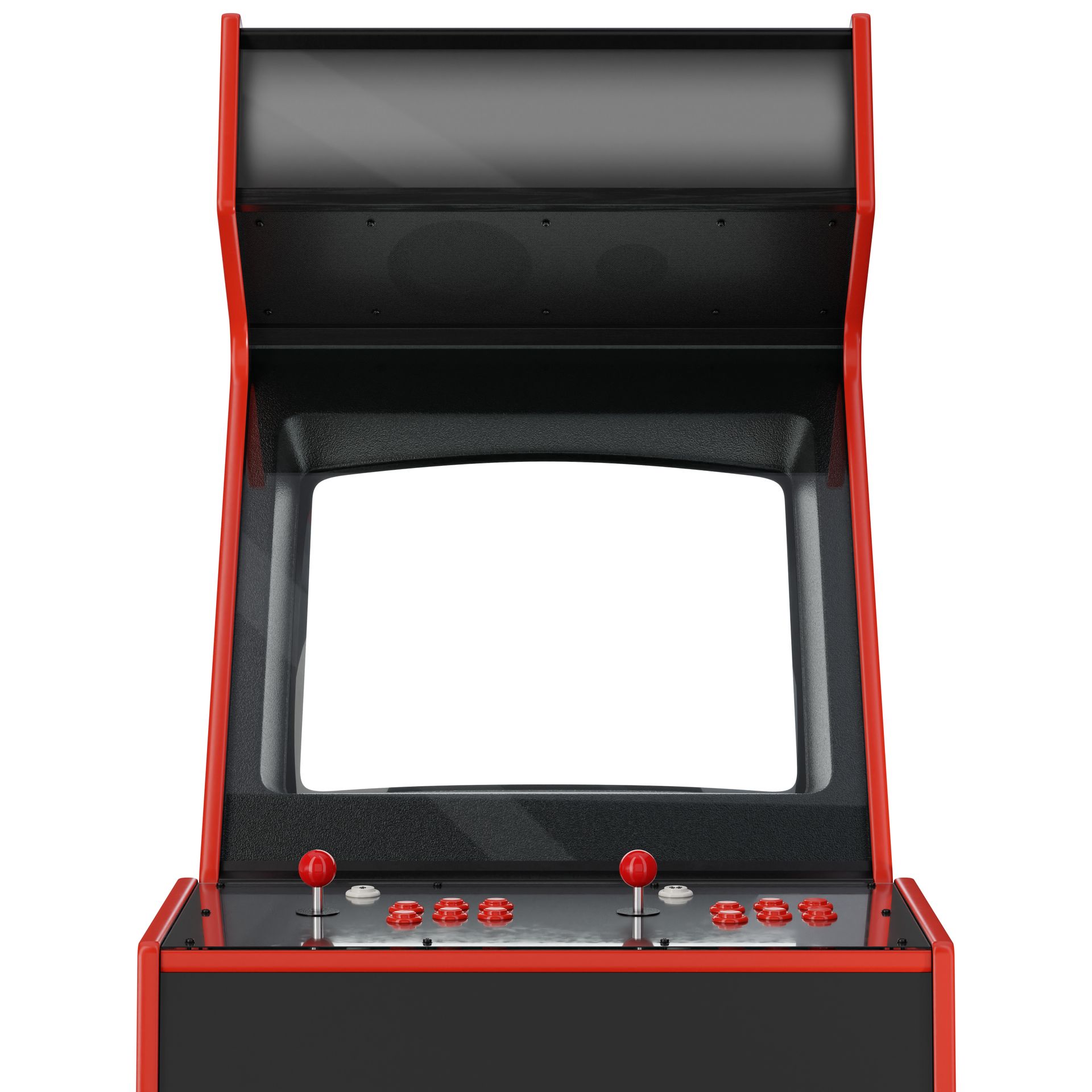 A red and black arcade cabinet with a blank screen featuring dual joysticks