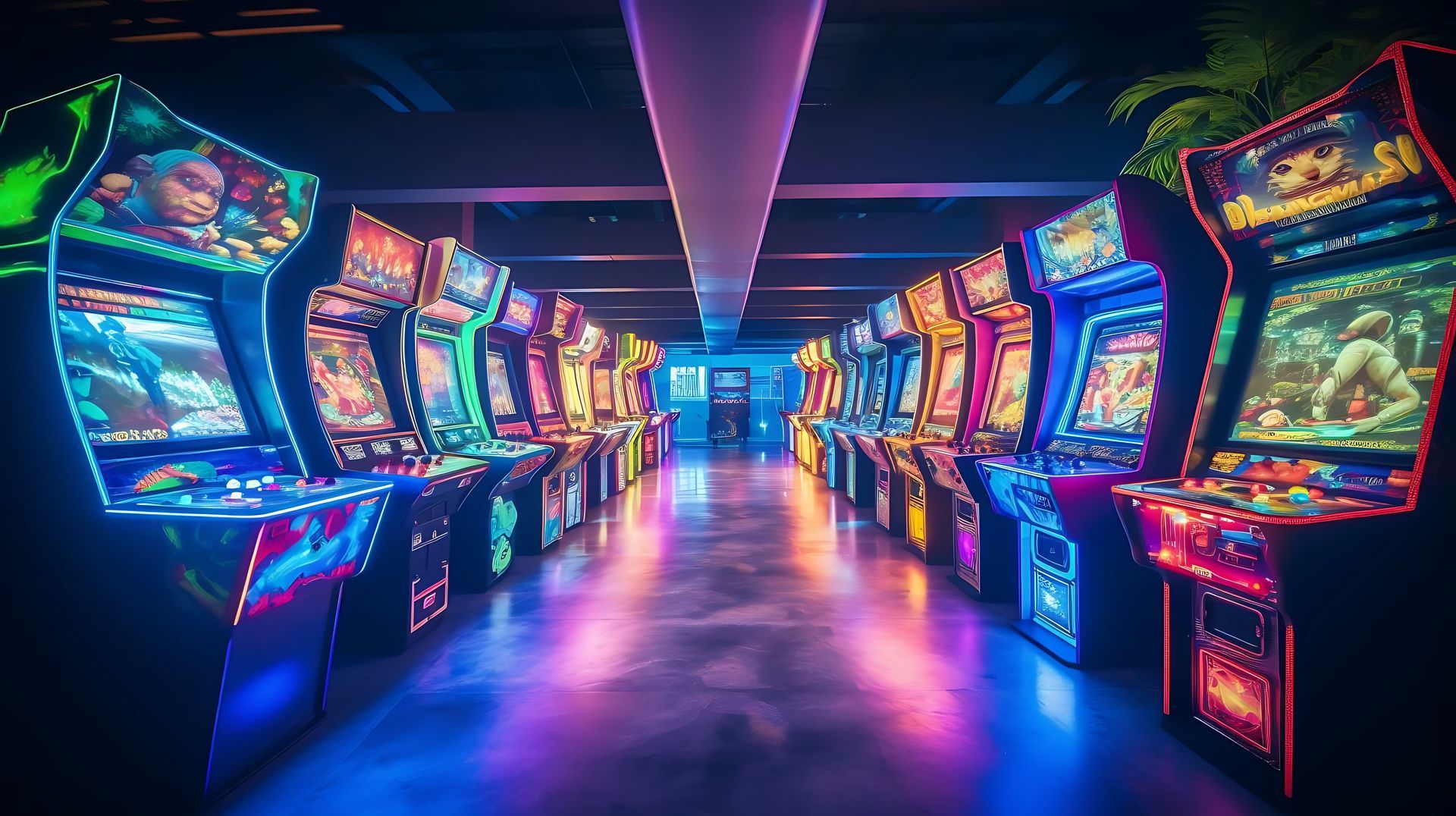 Row of glowing retro arcade games in a neon-lit vintage game room with vibrant purple lighting.
