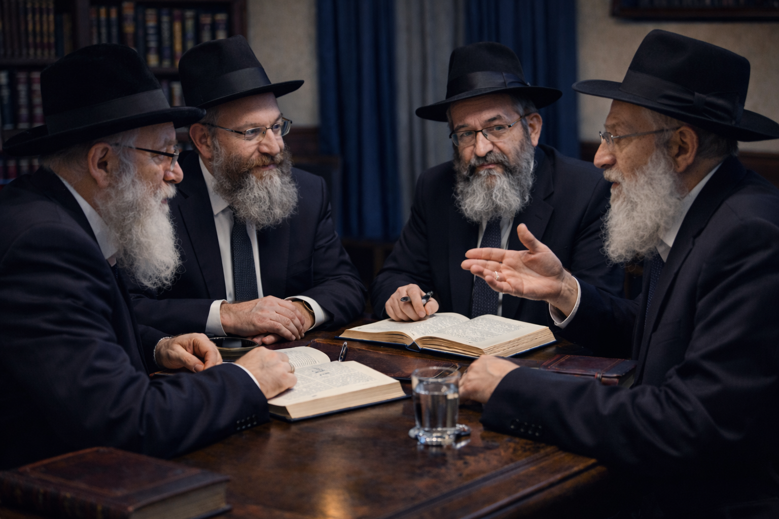 Four Orthodox Jewish men in hats and suits, sitting at a table with books, engaged in discussion.