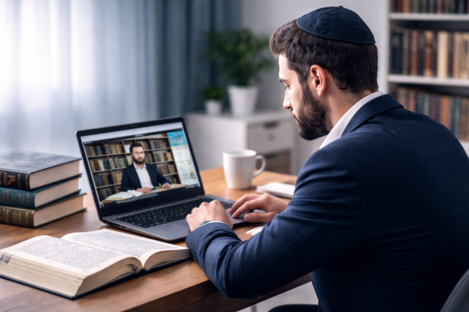 Man in yarmulke at desk, laptop video call with another man, books, mug, and bookshelf in the background.