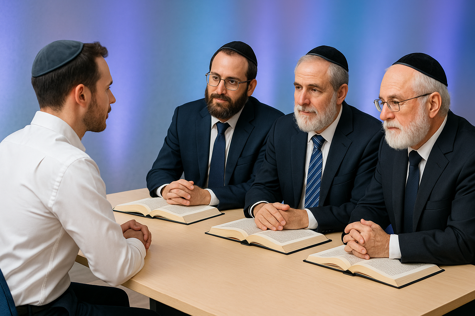 Four men in suits and yarmulkes at a table, facing a man. Each has a book open.