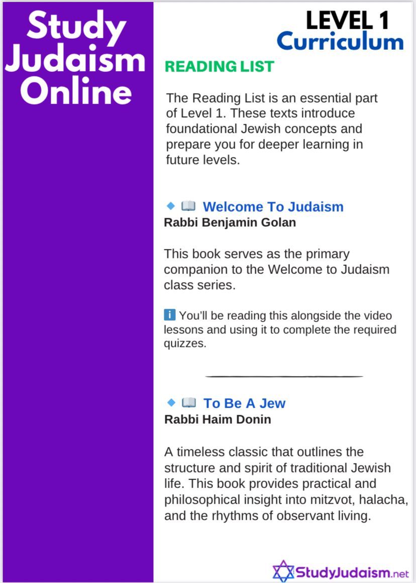 Level 1 Judaism curriculum with a reading list for online study.