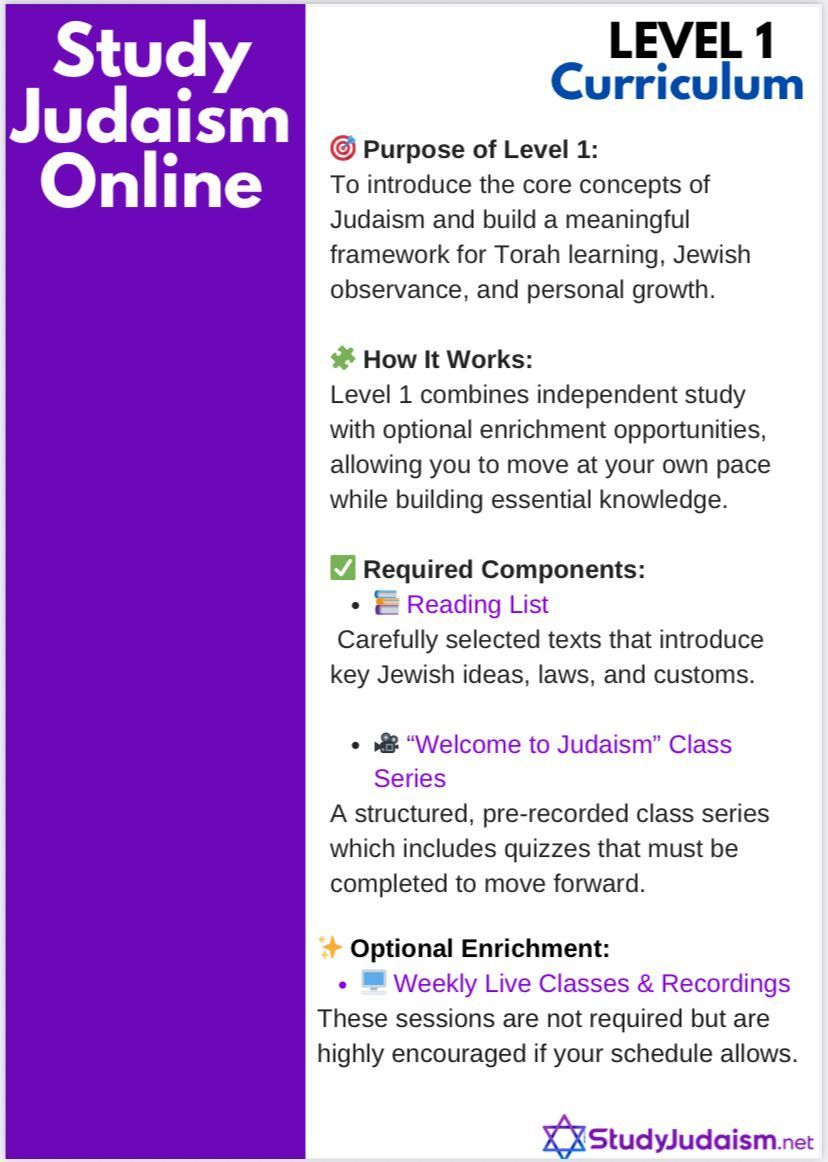 Purple educational graphic for Level 1 Judaism curriculum. Contains text describing purpose, components, and optional enrichment.