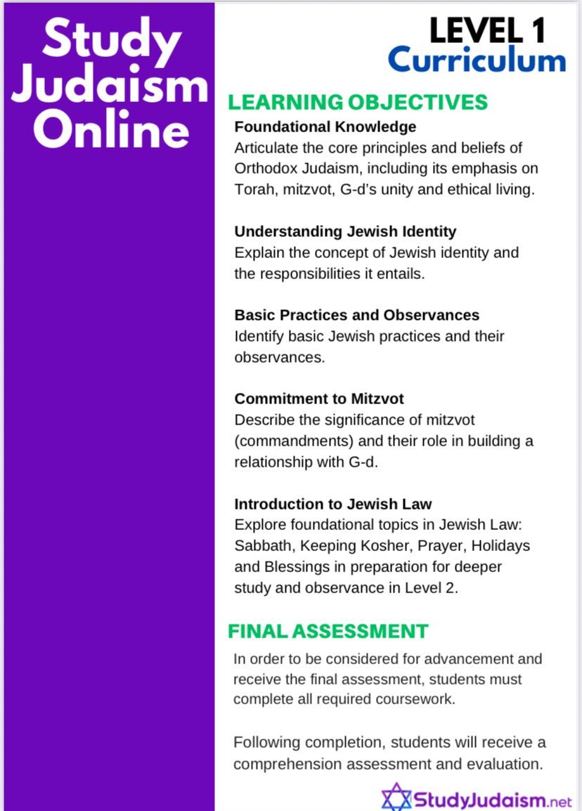 Purple graphic: Study Judaism Online, Level 1 curriculum. Learning objectives and final assessment listed.