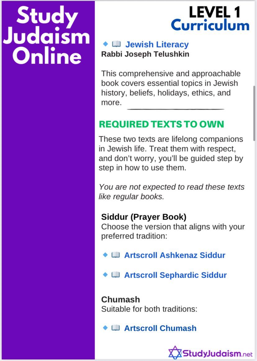 Level 1 Judaism curriculum with required texts: Siddur and Chumash.