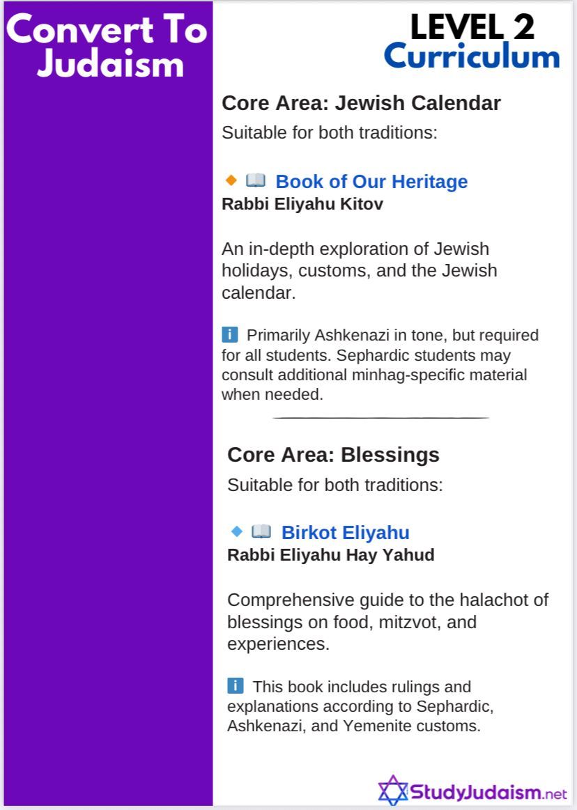 Level 2 Convert to Judaism curriculum. Includes books about Jewish calendar, holidays, and blessings.