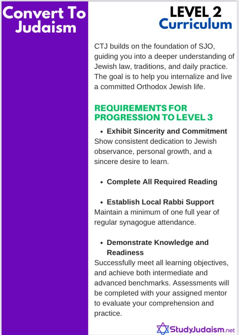 Purple and white flyer: Level 2 Judaism curriculum, requirements for progression to Level 3.