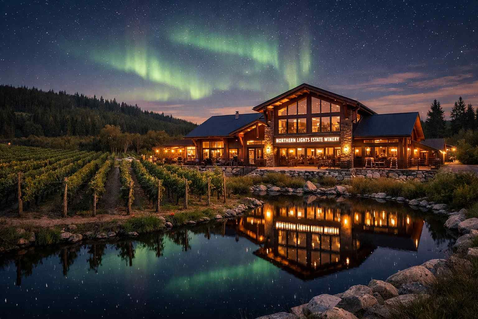 A wooden lodge illuminated at night, reflected in a pond beside a vineyard under a vibrant display of the aurora borealis.