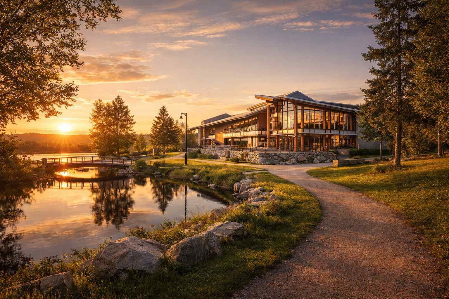 Modern building with large windows overlooking a small pond and stone bridge at sunset, with a path leading to the entrance.