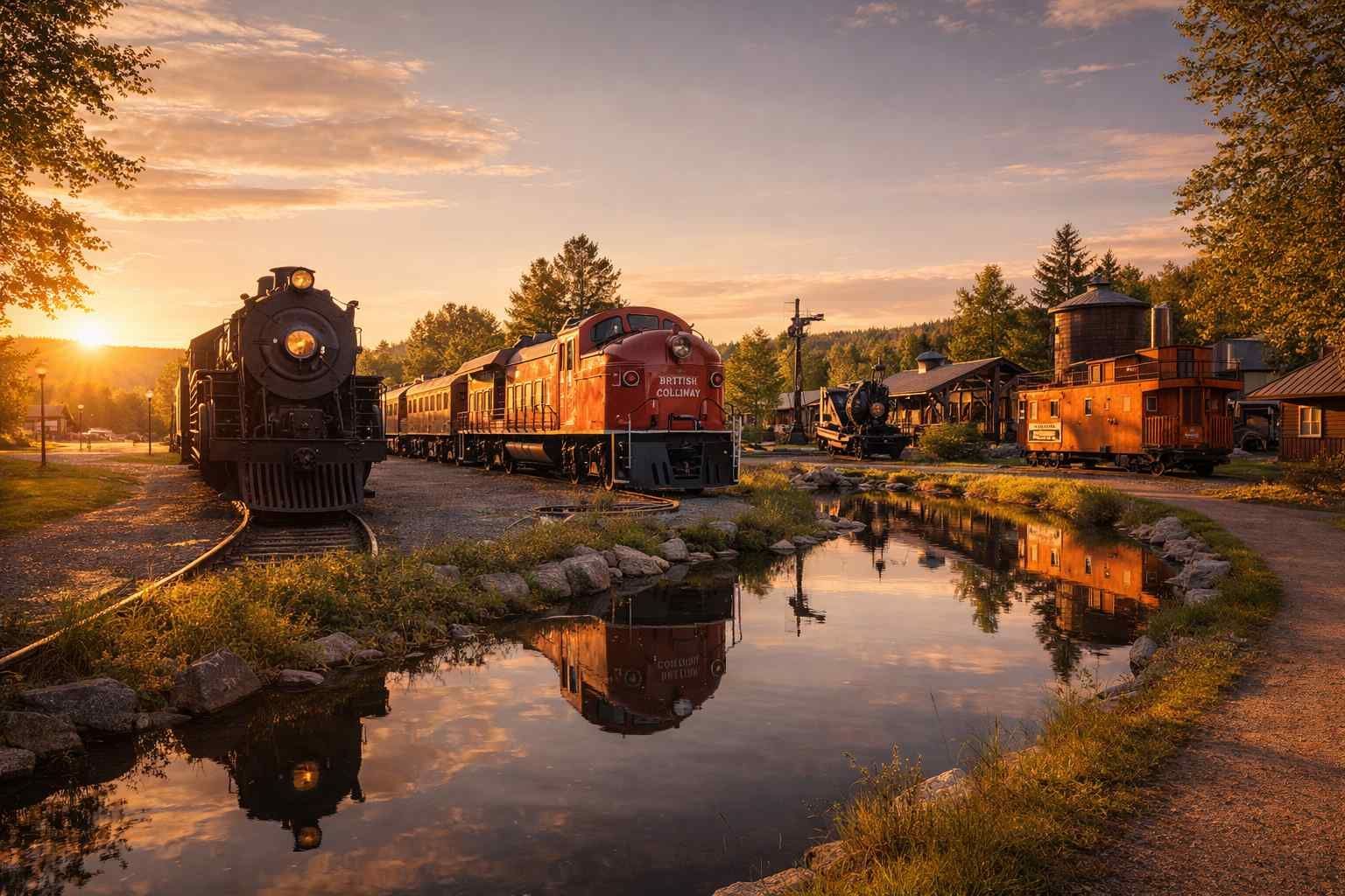 A vintage steam locomotive and a red diesel engine parked near a reflective pond during a golden sunset.