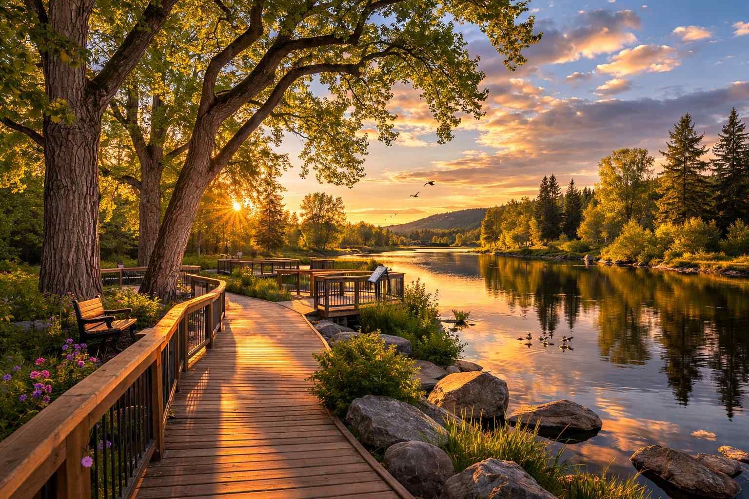 A wooden boardwalk winds along a calm river at sunset, with golden light reflecting off the water and surrounding trees.