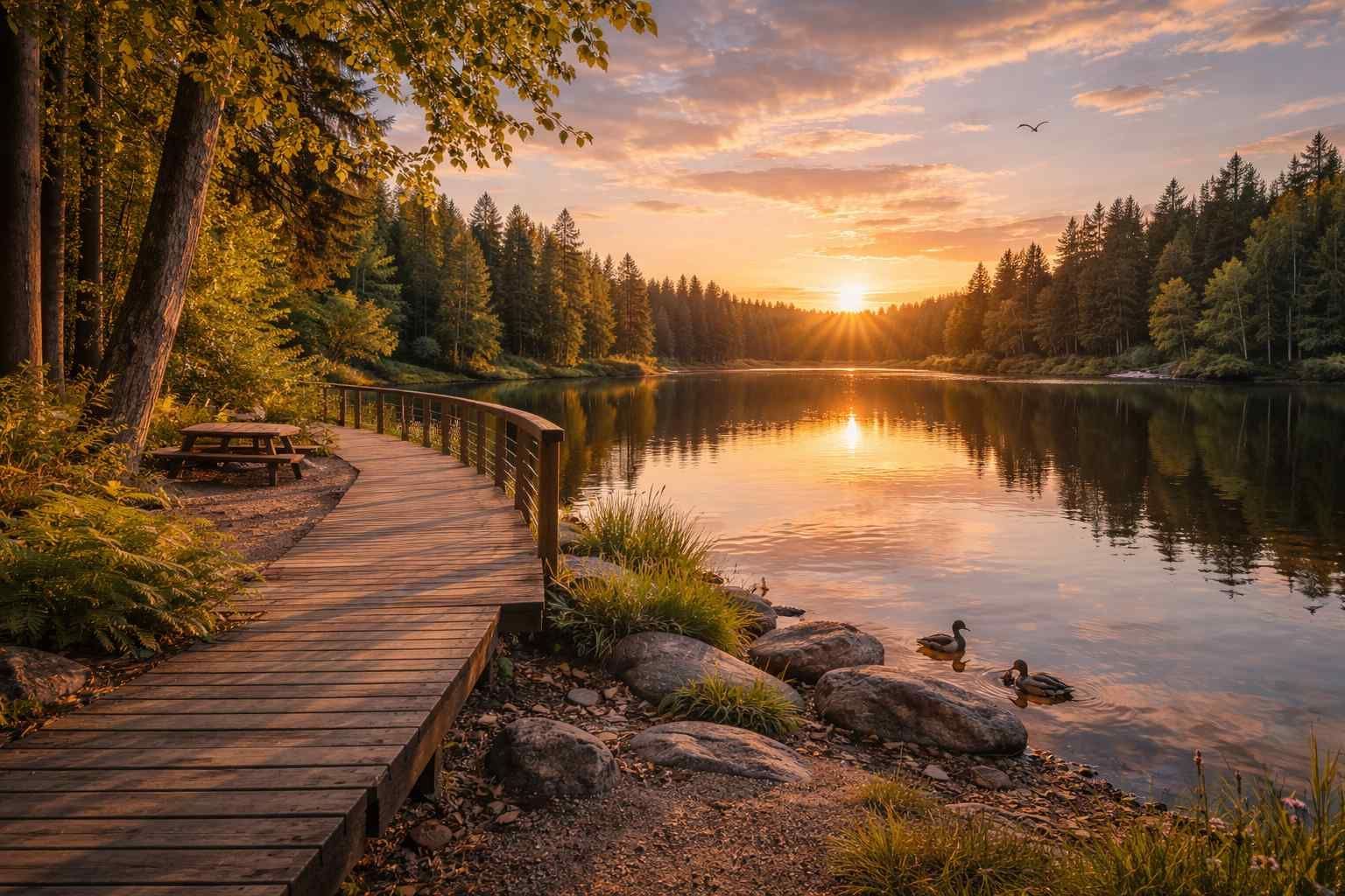 A wooden boardwalk winds along a serene lake during a warm golden sunset, with two ducks swimming near the rocky shore.