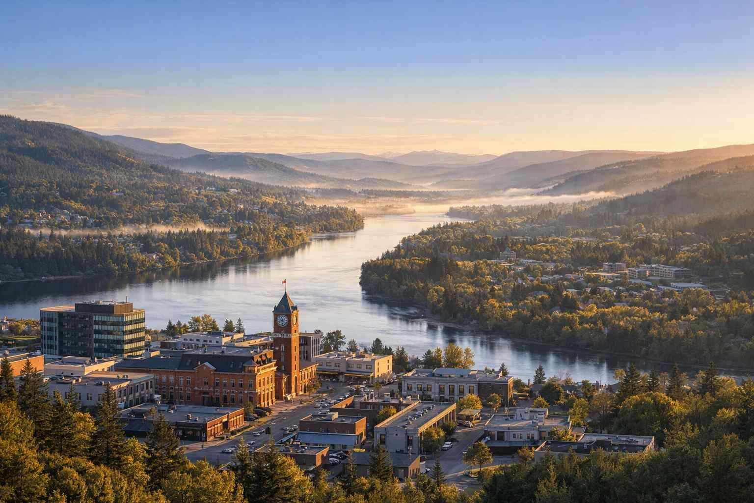 A scenic overlook of Nelson, British Columbia, showing the Kootenay River, clock tower, and misty mountains at sunrise.