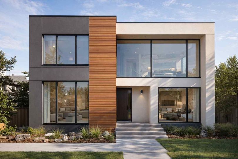 A modern two-story home with a mix of grey, white, and wood-paneled siding, large glass windows, and a front entryway.