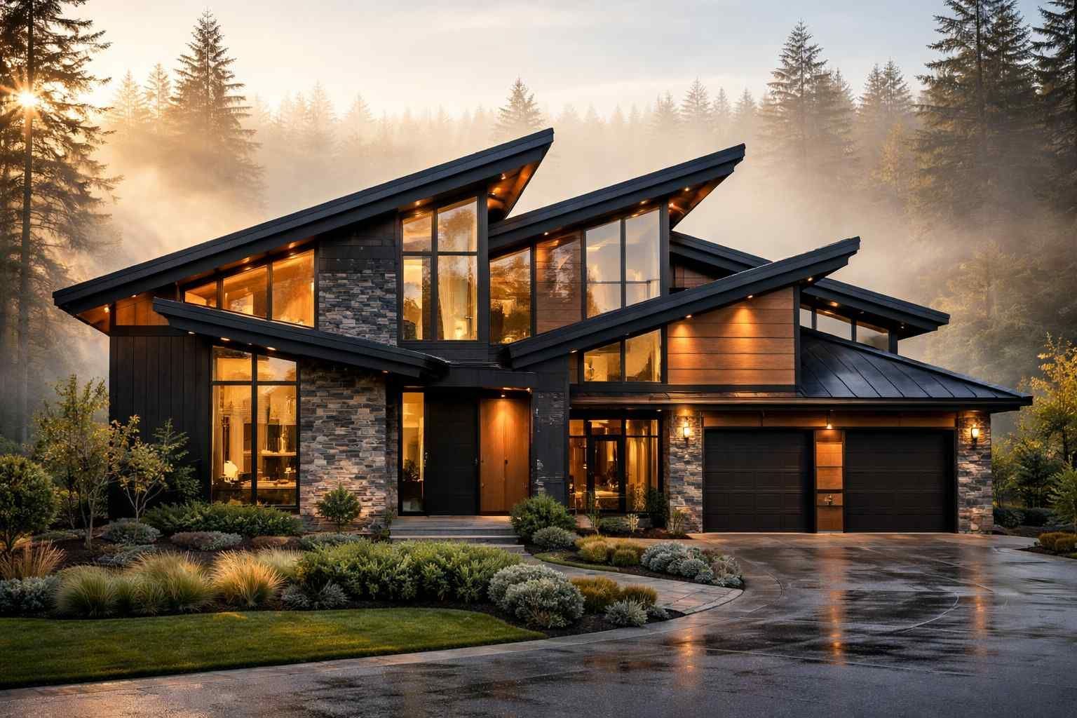 A modern, multi-gabled home with dark wood and stone exterior, nestled in a misty forest at sunrise.