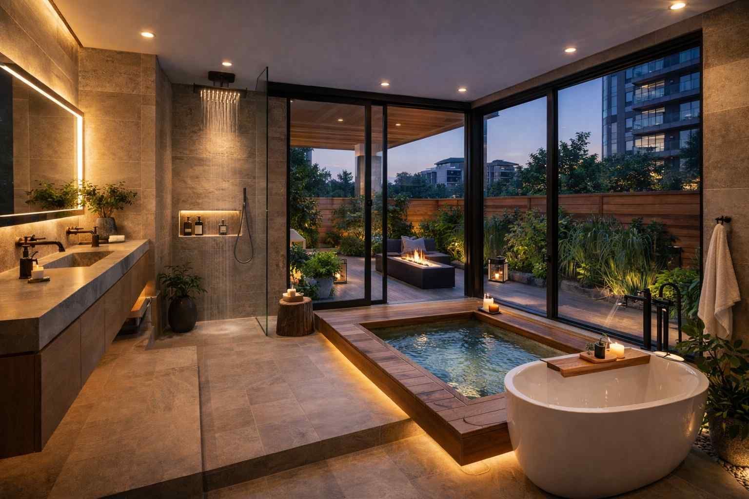 A luxurious, modern bathroom with a sunken tub, standalone tub, walk-in rain shower, and floor-to-ceiling garden views.