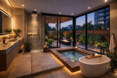 A luxurious, modern bathroom with a sunken tub, standalone tub, walk-in rain shower, and floor-to-ceiling garden views.