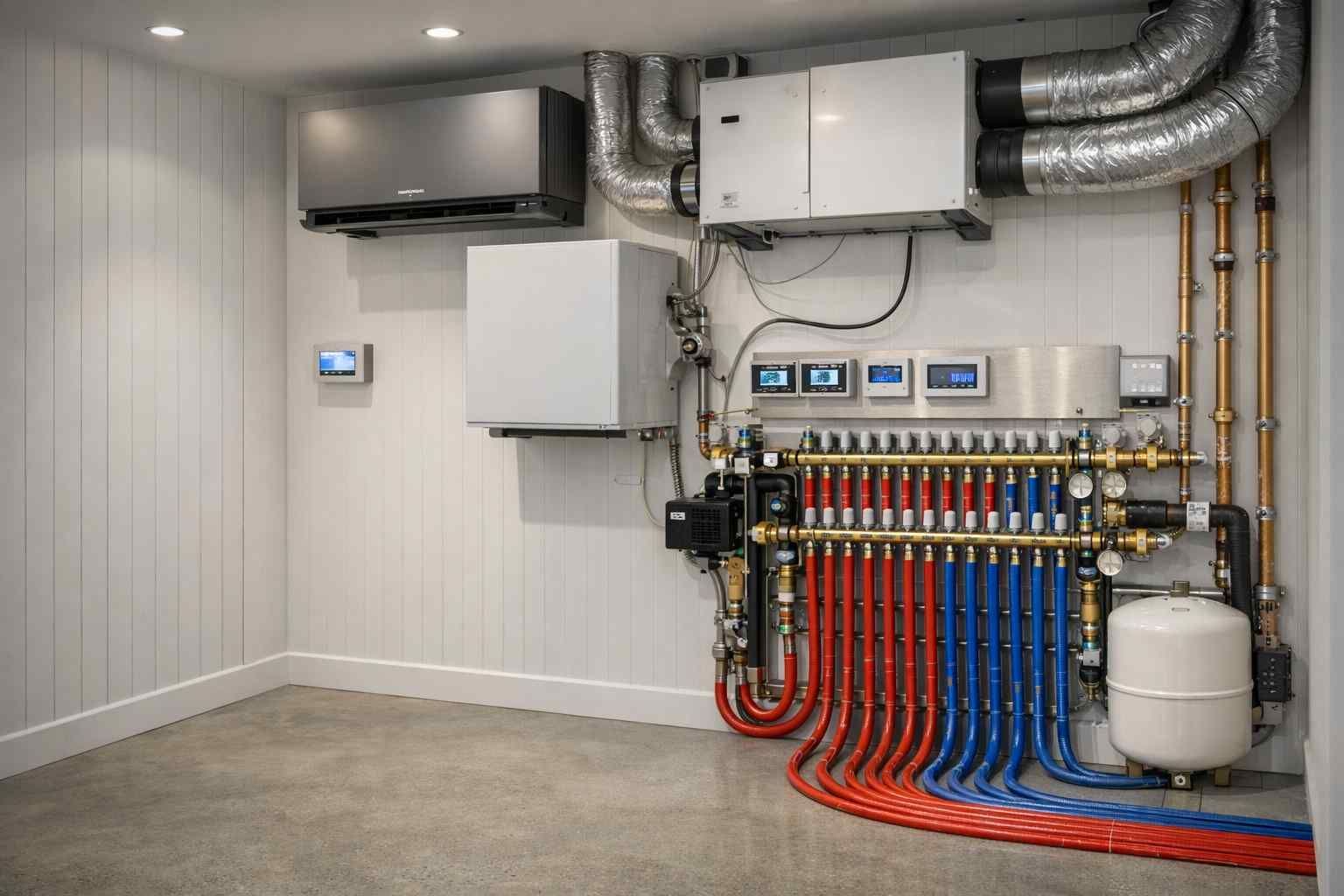 Wall-mounted HVAC equipment, control panels, and a red and blue radiant floor heating manifold system in a utility room.