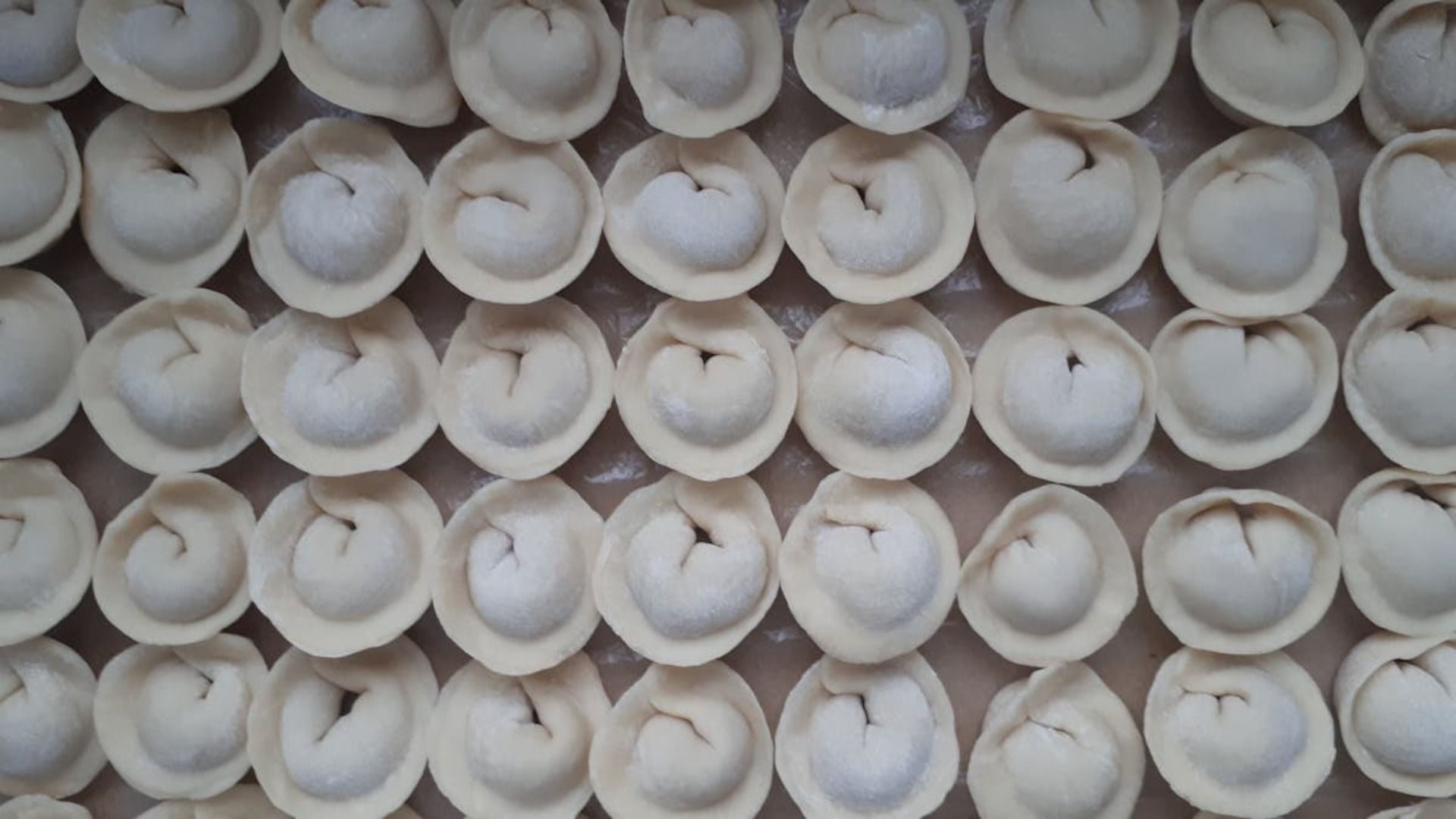 Filas de pelmeni crudos, de color blanquecino y muy juntos.