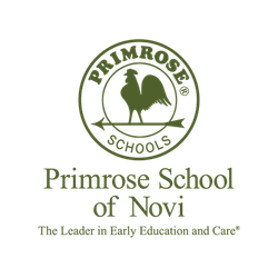Primrose School of Novi logo with green rooster emblem and tagline "The Leader in Early Education and Care"