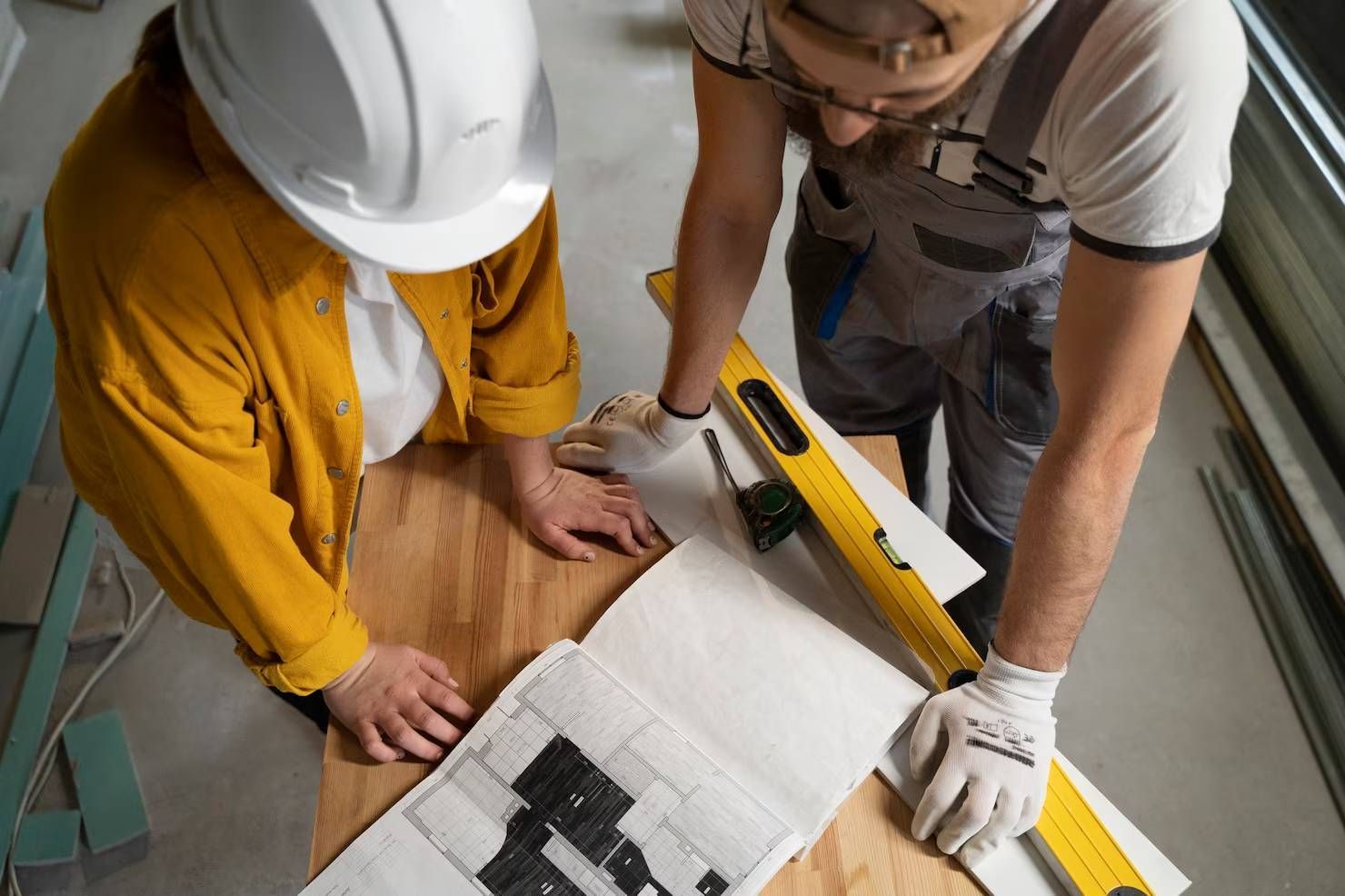 Two people wearing work clothes, looking at blueprints on a wooden table in a construction setting. Two people wearing work clothes, looking at blueprints on a wooden table in a construction setting.