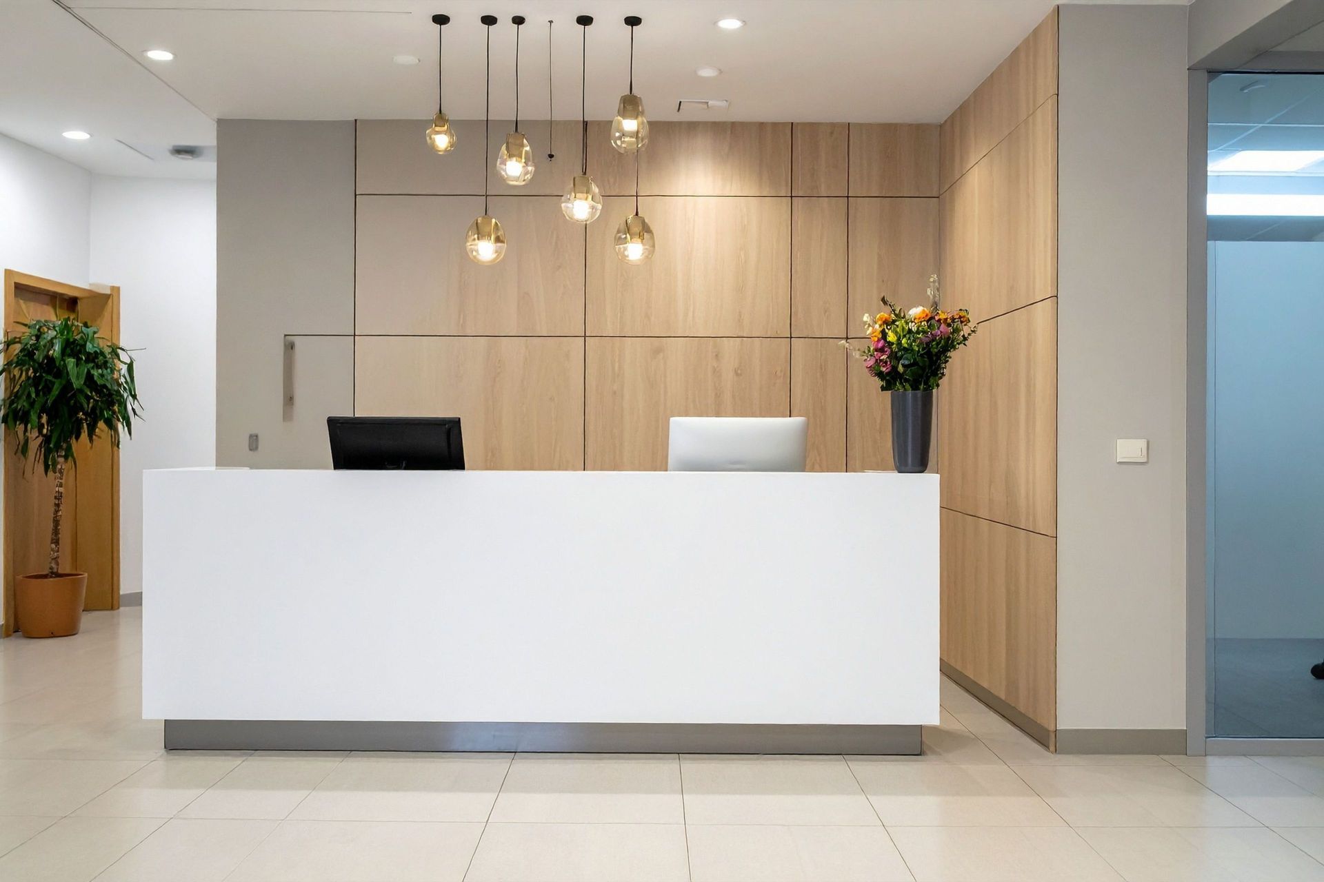 Modern office reception desk with pendant lights, wood-paneled wall, and flower arrangement