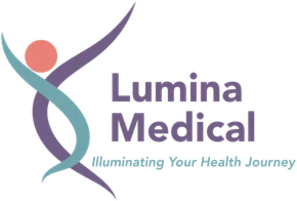 Logo for Lumina Medical: Stylized person in shades of purple and teal, with an orange head, bes