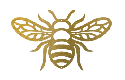 Gold-colored stylized bee with open wings, cut-out design on a white background.